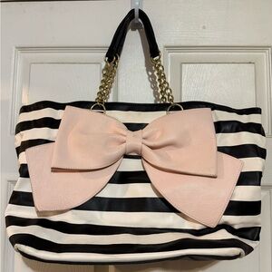 Betsey Johnson Black and White Striped Tote with Pink Bow